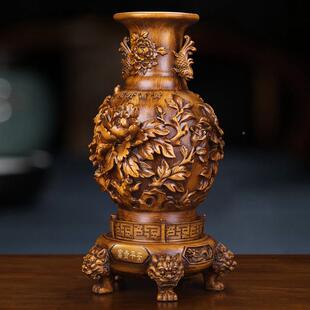 半手工雕6691刻花瓶摆开件花富贵木纹办室饰树脂工装艺公礼品