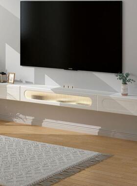 2I实木悬柜空客电视纳厅小户型壁挂电视柜茶几组合白色悬浮GWT收