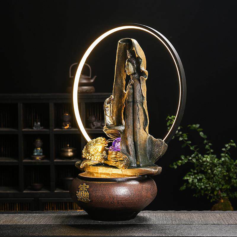 禅意鱼观音佛像金灯家居客厅玄关圈桌面景观装饰流水蝉缸招财MOK