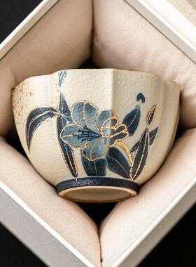 青花火陶瓷茶杯人杯描金手绘合24JS11-1花瓣杯大号喝茶杯百家用品