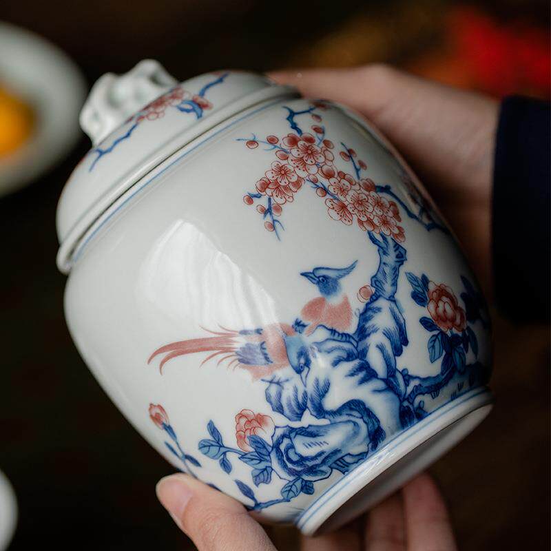 仿彩喜上眉茶梢茶叶罐陶叶古瓷密封罐太湖石SD202204盖钮储茶通用