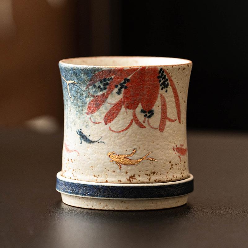 青花火24JS12-1手石红茶杯瓷主人杯绘荷锦鲤转转杯家用陶茶具韵品