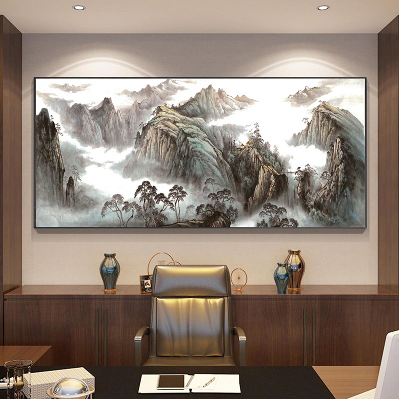 有山无水鸿运当头国画山水画客厅沙发挂画靠山P办公室背景墙装饰
