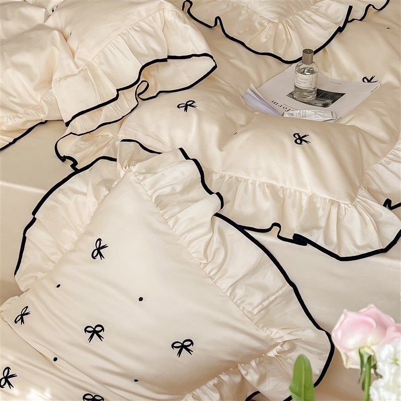 鎏光白莹100S全棉长绒棉刺绣蝴蝶结四件套纯棉少女荷叶花边床品