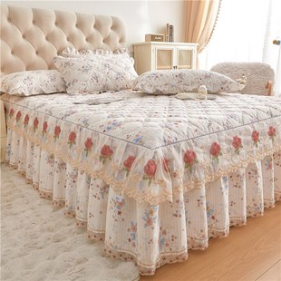 新公主风格 蕾丝棉质绗缝床裙单张纯棉碎花加厚蕾丝床床单床单三件