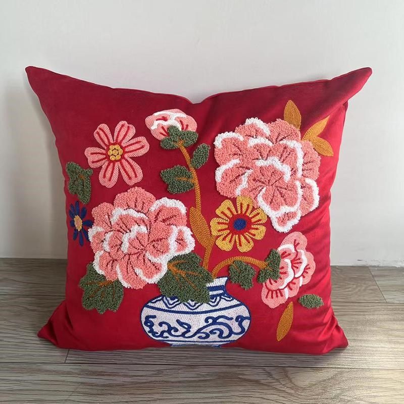 高端刺绣抱枕靠垫套立体毛巾绣花青花瓷抱枕沙发客厅靠垫腰靠枕套