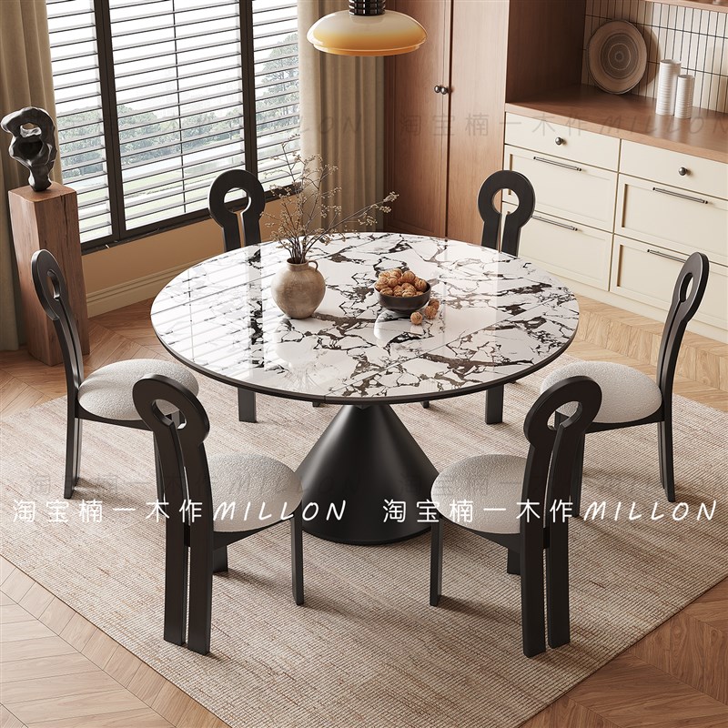 复古岩板伸c缩餐桌椅组合现代简约家用小户型方圆两用黑色圆形餐