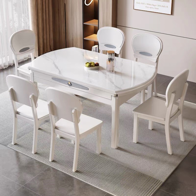 现代简约光感流晶石全实木餐桌椅F家用岩板木轨方圆两用可折叠