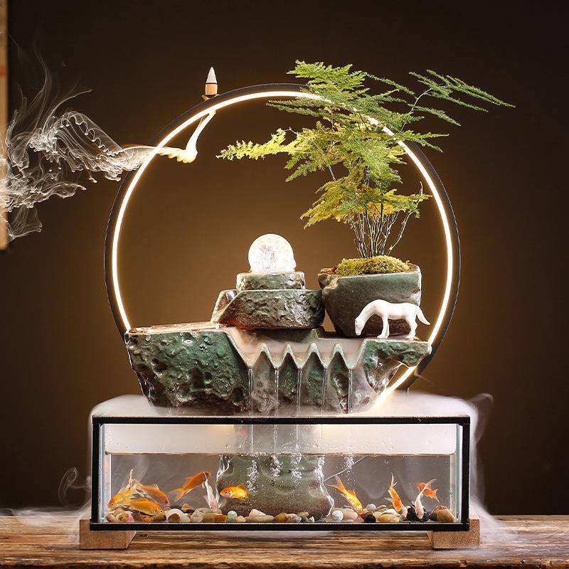 创意流水加湿玻鱼缸AWK招财喷泉办公室桌面器关客厅家居开玄璃业