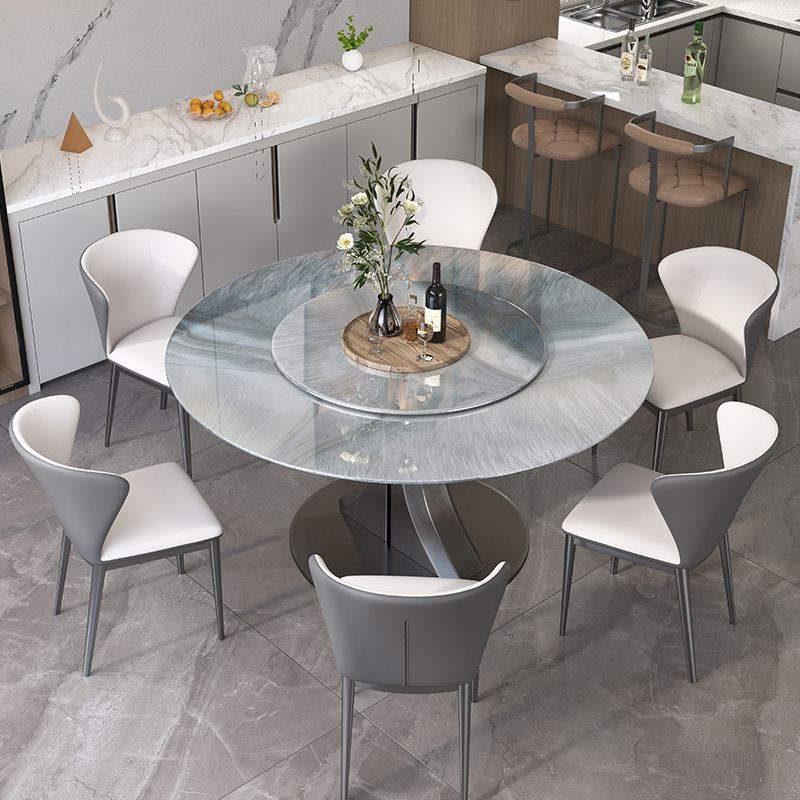 餐桌轻奢高级感大理石家r用圆桌高端天然微晶石圆形意式餐桌椅组