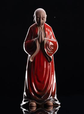 宠禅意彩砂小90012和尚茶茶桌茶艺摆件可养创意开片陶汝瓷茶具摆