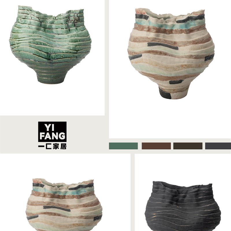 一匚 现代创意陶瓷横条纹花器摆件 样板J间售楼处酒店玄关客厅软