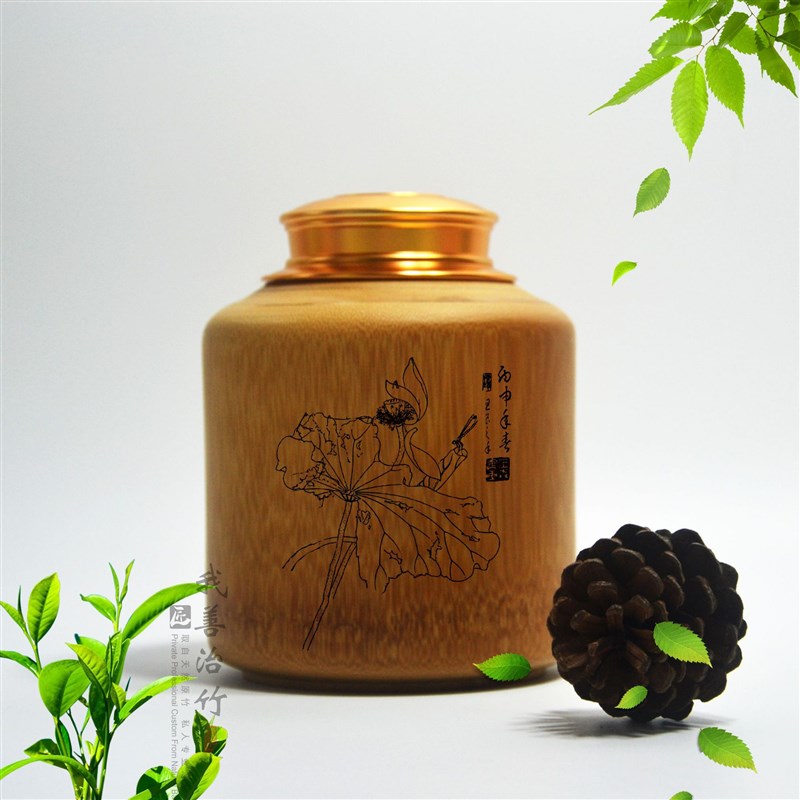 厂家直供竹茶叶筒竹包o装竹子储物罐金属盖茶罐茶仓密封罐收纳竹