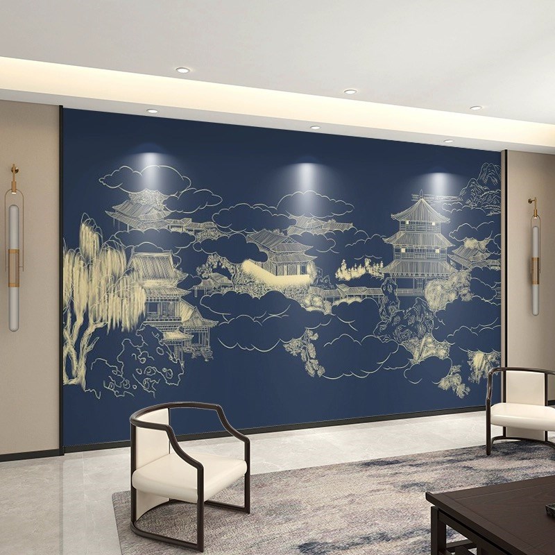 定制新中式刺绣硬包背景r墙客厅沙C发卧室主卧床头电视布艺软包壁