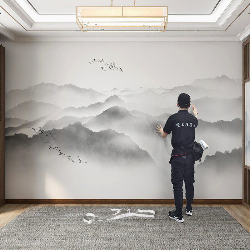 新中式水墨山水电视背景墙壁纸客厅沙发墙布3d书房X茶室办公室壁