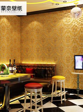 金色客厅背景黄色壁纸欧式非工程 KTV墙纸大花自粘3D立体黑色奢华