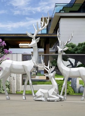 银色鹿摆件几何动物块状梅花鹿玻璃钢雕塑商场酒店大Z厅装饰小品