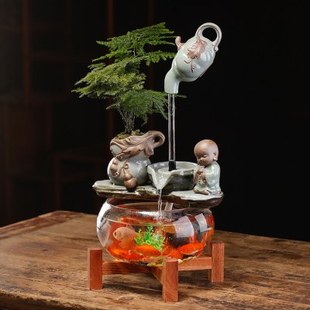 鱼缸创意悬壶小型循环水流陶瓷招财摆件家居客厅办公室桌面装饰品