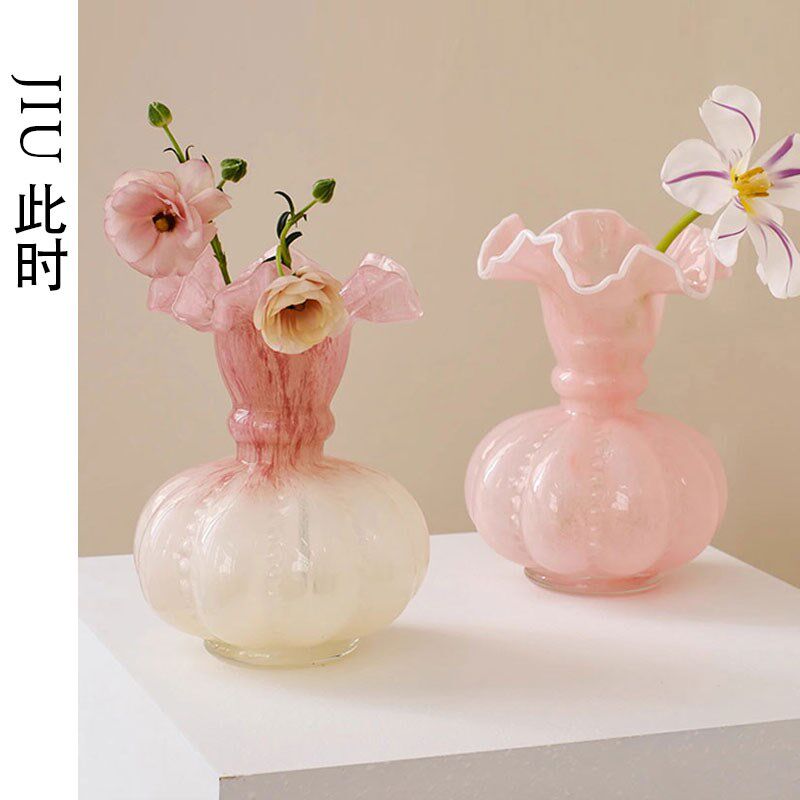 JIU此时  温柔粉色中古芬顿风渐变复古法式手工T琉璃花瓶插花摆