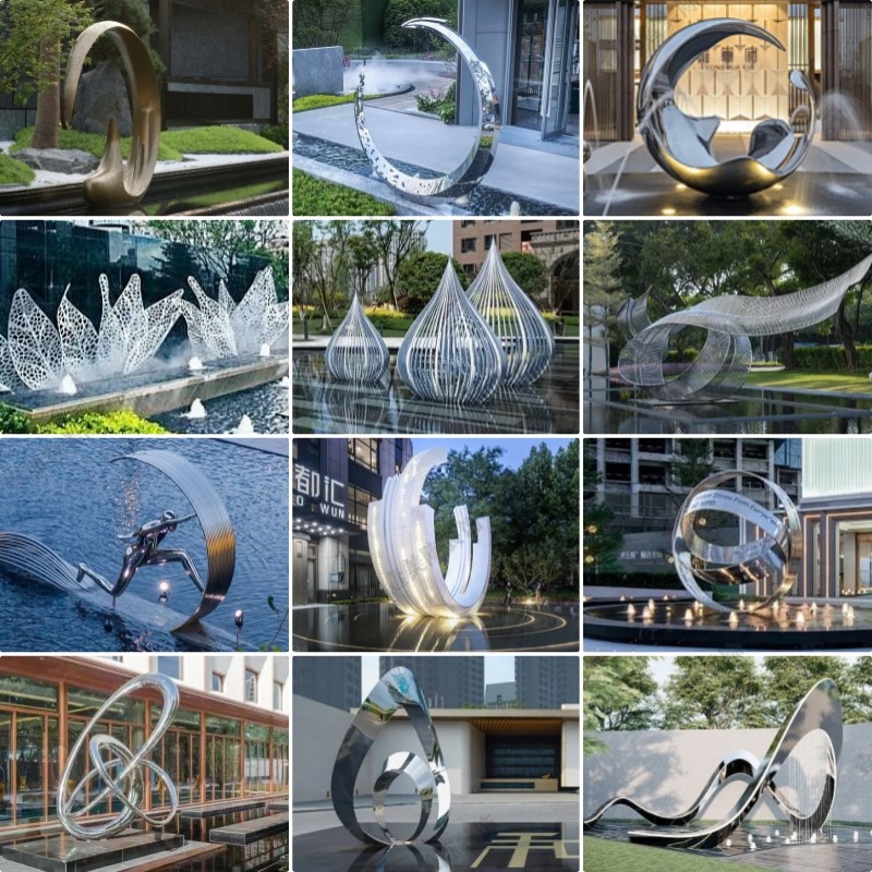 户外大型不锈钢抽象景观发光圆环雕塑定制广N场售楼部水景艺术摆