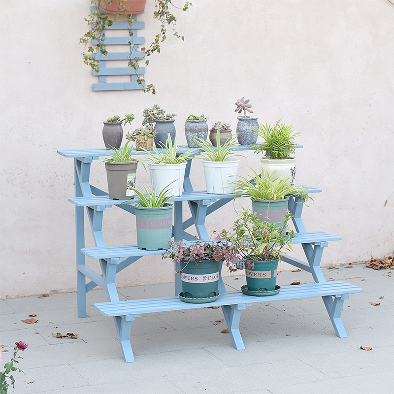 多层阶梯式实木花l架复古蓝色四层吊兰防水花盆架加落地式可配轮