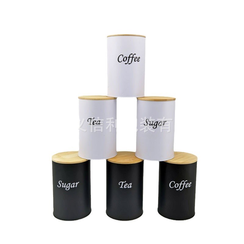 现货圆形竹盖镀锌k铁皮金属糖果咖啡茶叶铁罐 厨房密封罐 储物罐