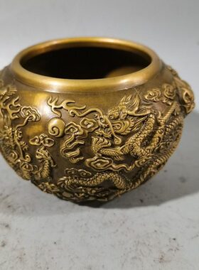 戏黄铜浮雕龙古玩铜器包浆收藏家居双工艺铜缸润泽珠摆件茶道