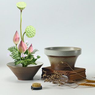 盆景斗笠碗花器大号桌面皿水培复古新中式盆剑山插花器陶瓷花盆