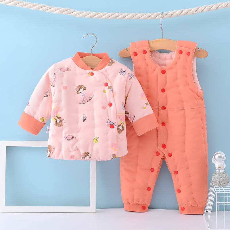 冬加厚新生婴幼儿童棉衣套装男女宝宝手工花棉服背带棉裤棉袄