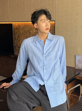 陈大富基础蓝色条纹长袖衬衫男士秋冬韩版宽松清新简约双纽扣衬衣