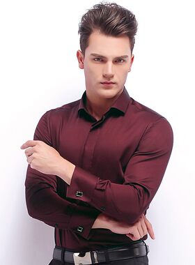法式衬衫男长袖商务免烫袖钉枣红寸衣新郎结婚婚礼酒红色男士衬衣