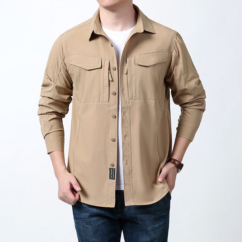 双拉链大口袋春夏季新款男士工装长袖衬衫大码纯棉中青年衬衣薄