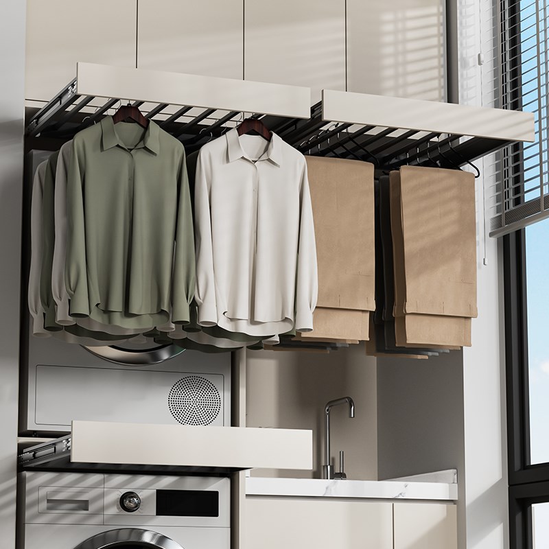 洗衣机隐形晾衣架阳台上方抽拉伸缩挂架裤架顶装烘干机晾衣杆拉篮