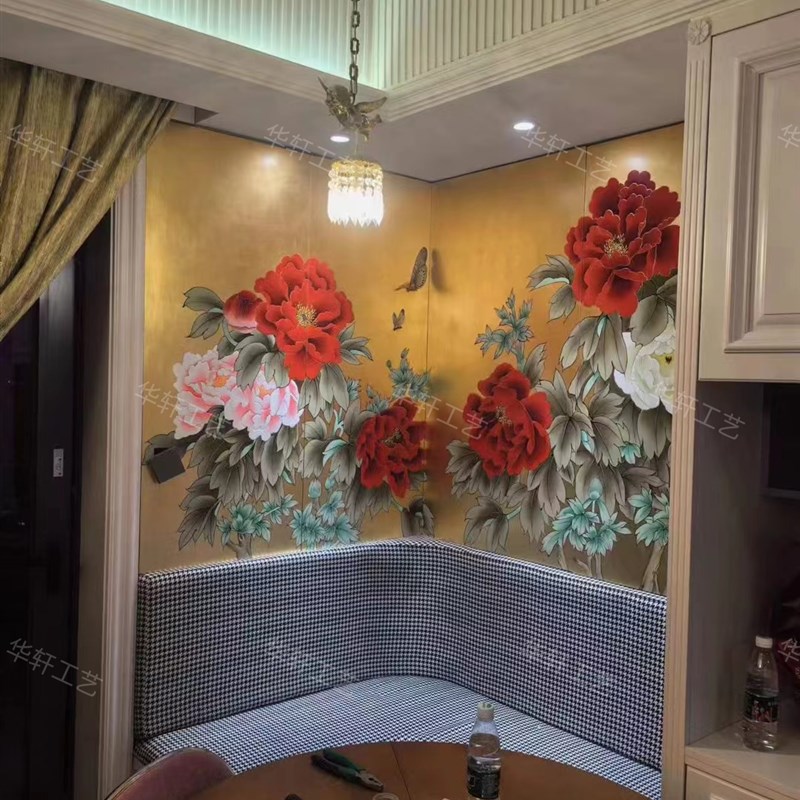 定制金箔牡丹花挂画墙壁手绘漆画屏风沙发卧室移动隔断酒店装饰画图片