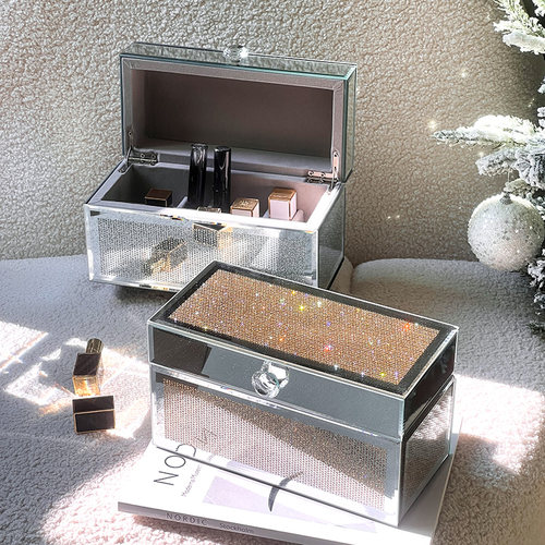 口红收纳盒防尘高级感镶钻大容量桌面口红盒唇釉架子带盖避光玻璃