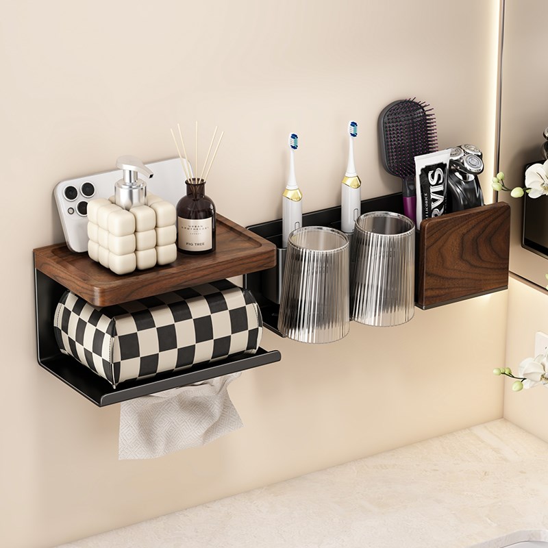 胡桃木牙刷置物架免打孔卫生间洗脸巾收纳架洗漱口杯电动牙刷挂架