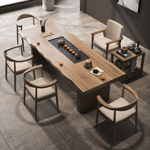 实木茶桌茶盘一体泡茶桌椅组合后现代简约办公室功夫茶台大板桌子