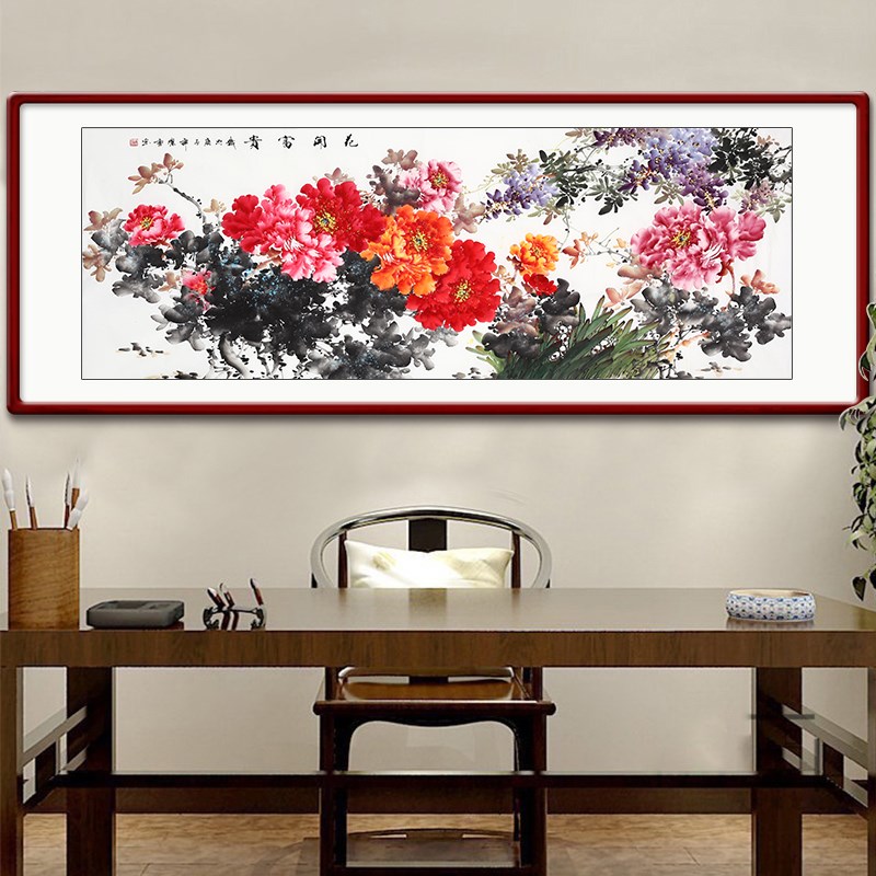 网红手绘牡丹国沙画厅装饰画发客背景墙壁画花开富贵现代中式挂画