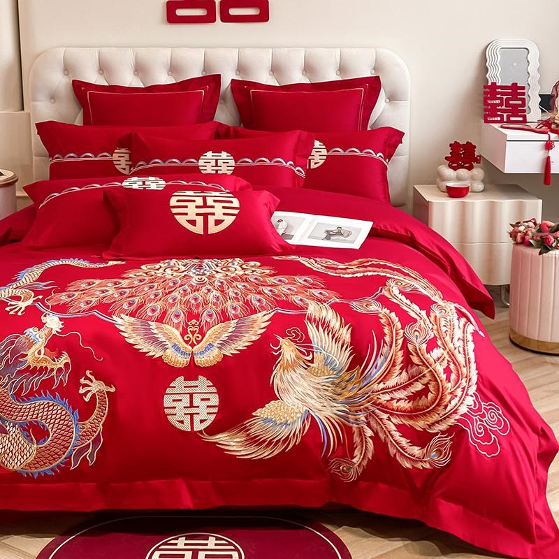 高端龙凤刺绣纯棉婚庆四件套大红色全棉床单被套结婚床上用品喜被