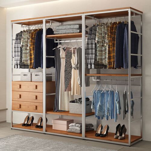 开放式金属衣柜家用卧室挂衣柜铁艺实木衣橱衣帽间架子步入置物架