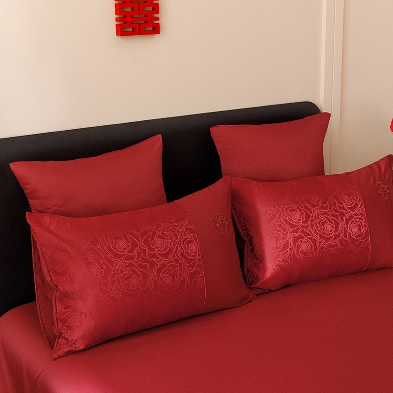 中式喜字结婚四件套大红色床单玫瑰提花被套婚庆婚房喜被床上用品