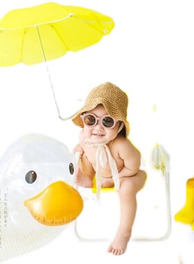 儿童外景道具黄色沙滩椅遮阳伞海边小清新影楼宝宝拍照充气游泳圈