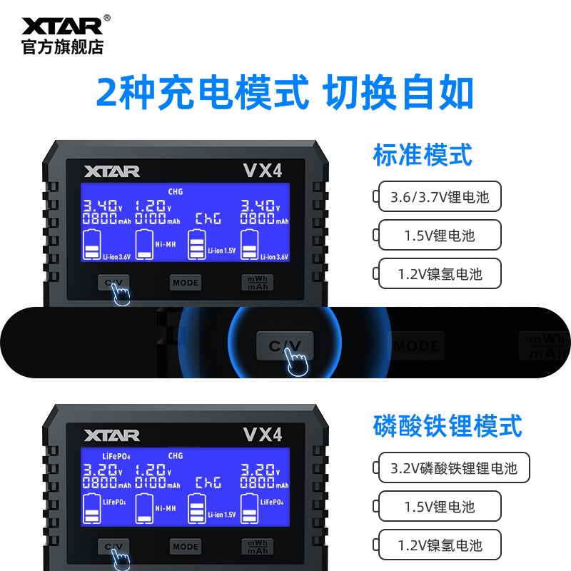 XTAR VX4 18650锂电池充电器1.2V5号7号镍氢电池3.2UV铁锂1.5V通