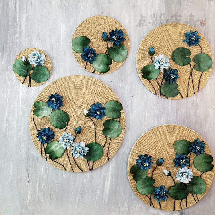 荷塘月色莲花仿真布艺麻绳圆形装饰画家居N壁饰挂件干花玄关墙饰