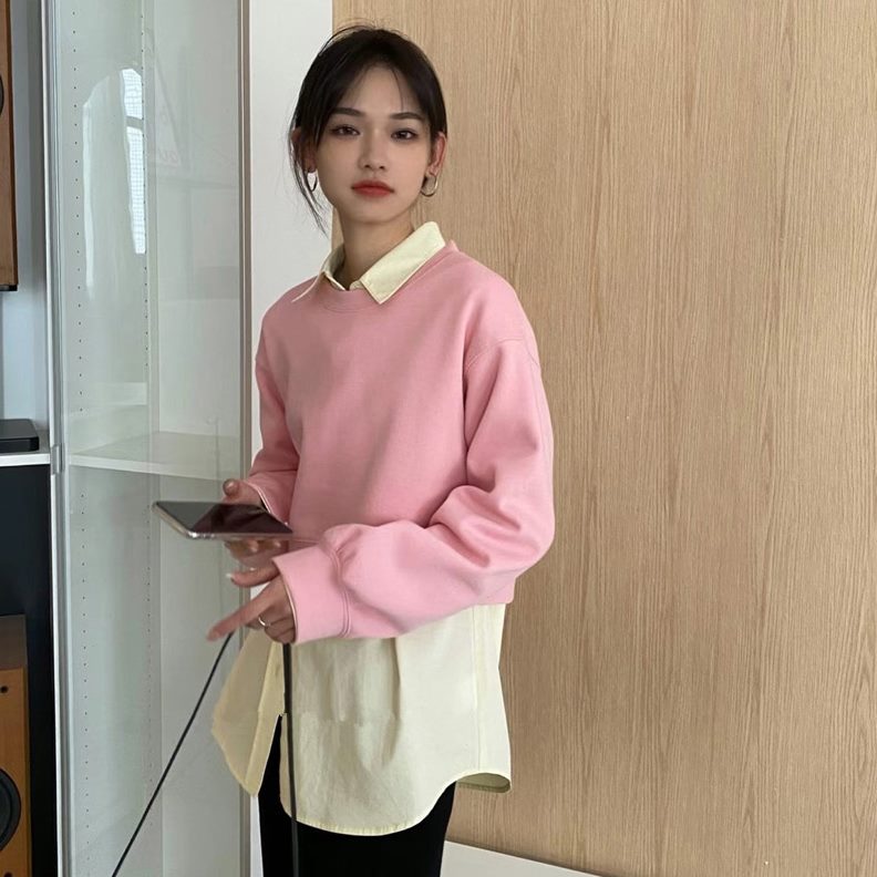 藕粉色短款套头衫减龄学生百卫衣女朵可爱长袖露脐2025思春季高腰