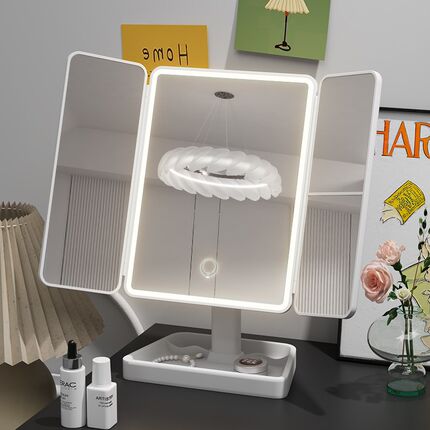 化妆镜led带灯台式折叠女学生宿舍镜子桌面家用大号梳妆美妆镜