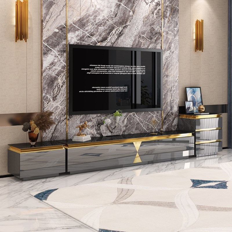 轻奢后现代d镀金茶几电视柜组合简约大小户型钢化玻璃黑色储物茶