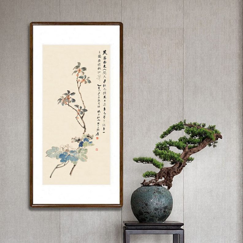 走廊挂画新中式餐厅玄关装饰画张大千图过道竖版芙蓉字画客厅桂花