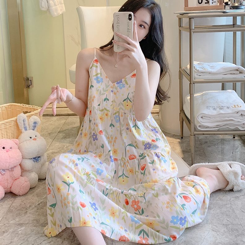 季吊带睡裙女夏可外穿甜美薄款棉纯睡衣家居服中长裙风人造棉绸欲
