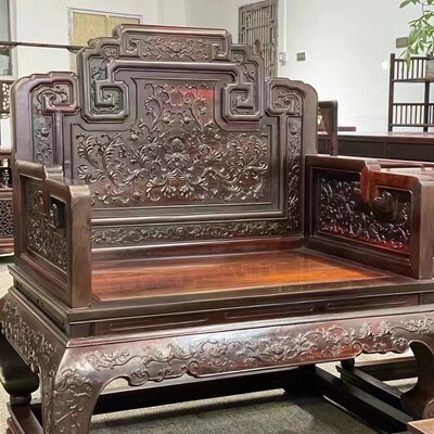 老挝大红酸枝雕光板素面厚板沙A发红木沙发交趾黄檀沙发客厅组合